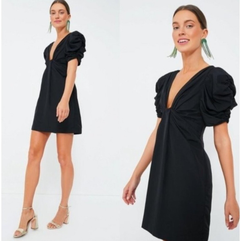Hyacinth House Tinsley Dress Womens M Black Puff Sleeve V-Neck Mini Cocktail LBD